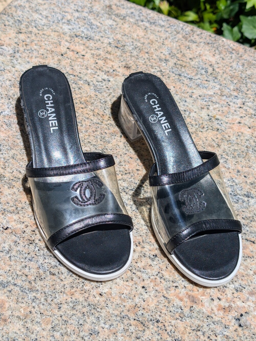 Chanel Black Leather PVC Slide Mules Clear Block Heel Size 38 AS-IS (US 7.5)